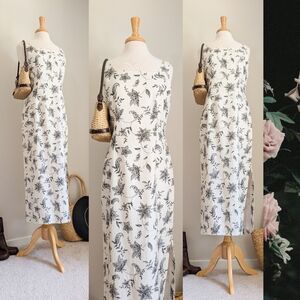 90s Linen Floral Maxi Length Vintage Scoop Neck Side Slit Casual Feminine Dress